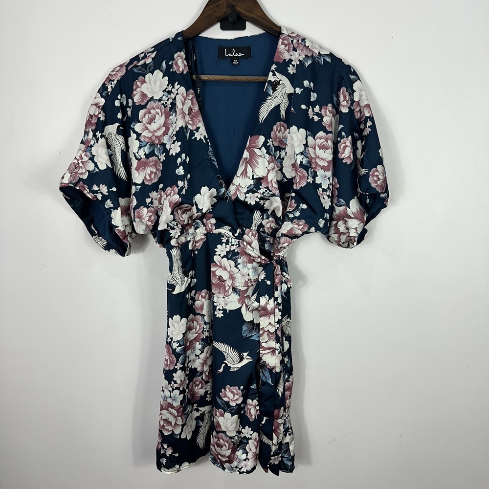 Lulus Dress Womens XS Blue Floral Crane Kimono Wrap Feminine Cottage‎ Y2K Glam